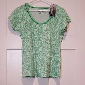 N.Y.L. Women's Green Patterned  Top W/Cute Cap Sleeves & Contrast Stitching XL